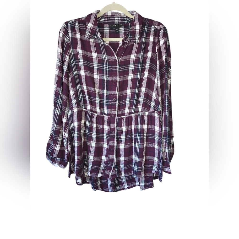 Lane Bryant Burgundy Plaid Button-Down Shirt |14/16 |‎ Elastic Waist 100% Rayon